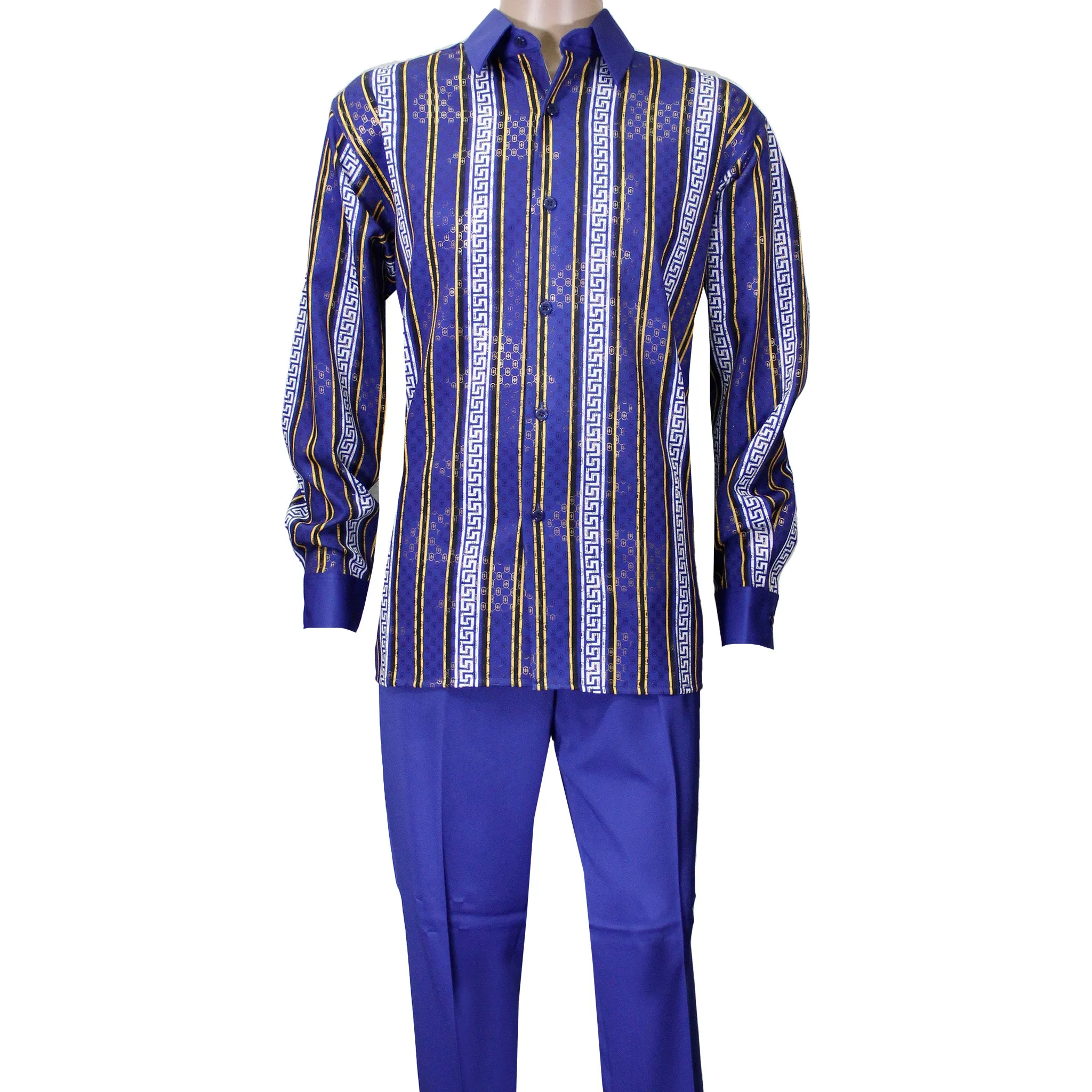 Blue Micro Stripe Long Sleeve Set with Solid Pants