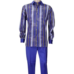 Blue Micro Stripe Long Sleeve Set with Solid Pants