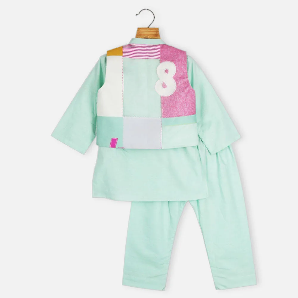 Blue Organza Nehru Jacket With Kurta & Pajama