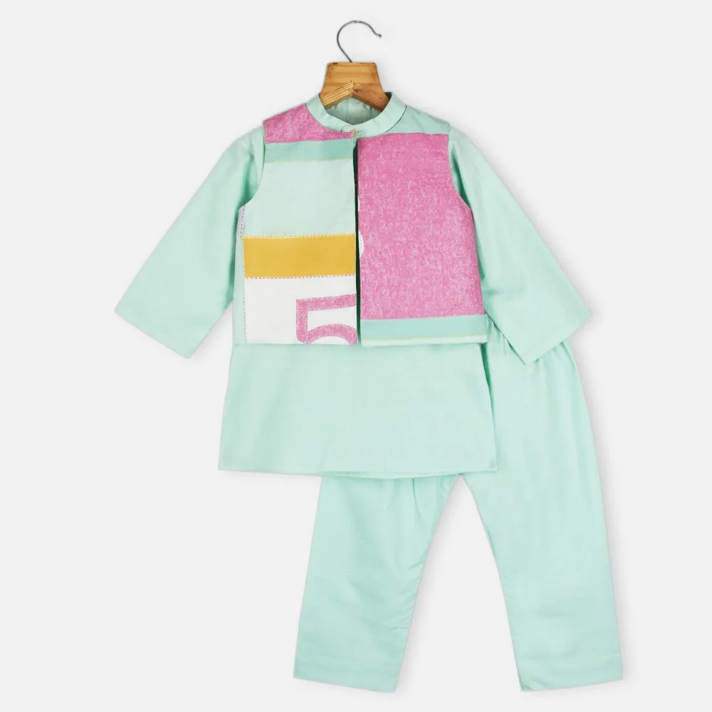 Blue Organza Nehru Jacket With Kurta & Pajama