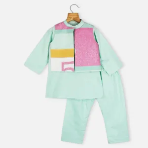 Blue Organza Nehru Jacket With Kurta & Pajama