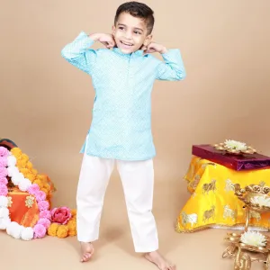 Blue Star Printed Kurta With Beige Pajama