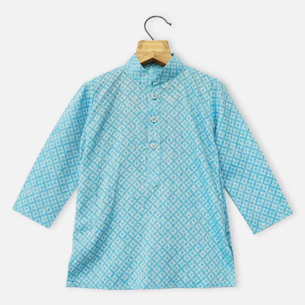 Blue Star Printed Kurta With Beige Pajama