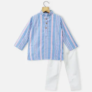 Blue Striped Full Sleeves Kurta With White Pajama