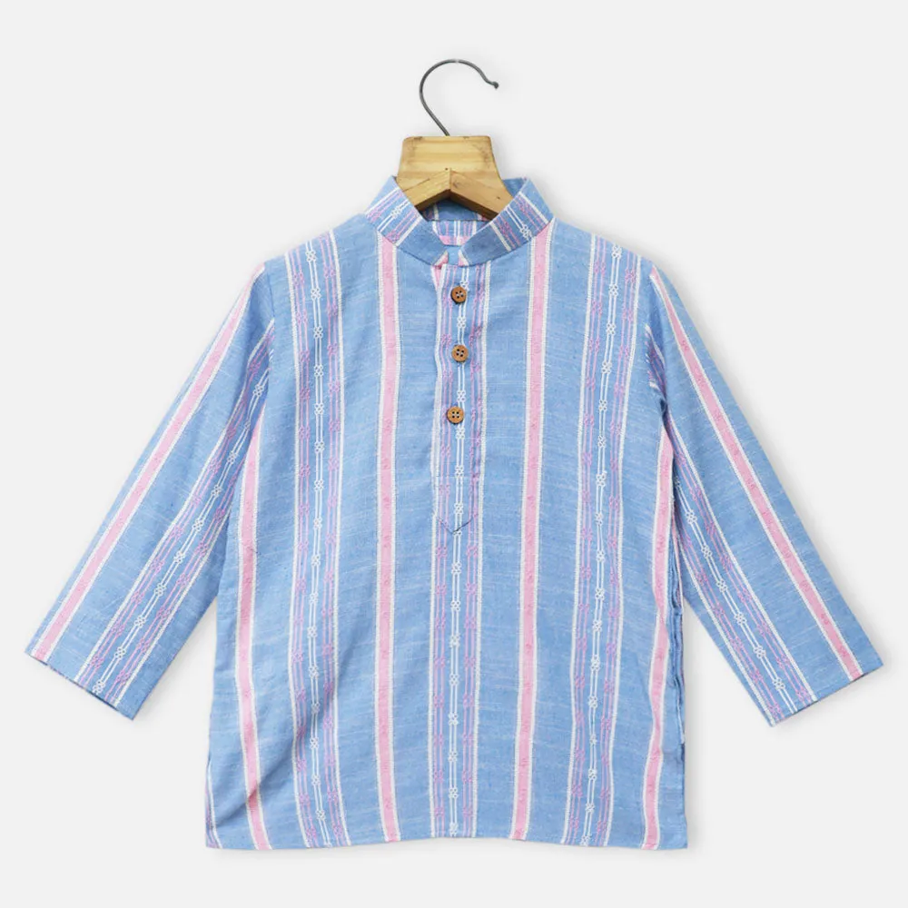 Blue Striped Full Sleeves Kurta With White Pajama
