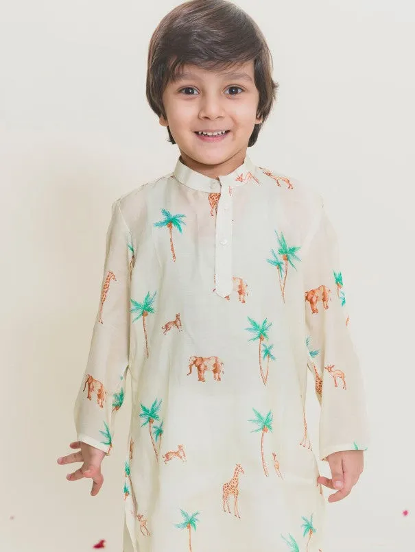 Boys Pale Yellow Printed Muslin Cotton Kurta Pajama Set (Set of 2)