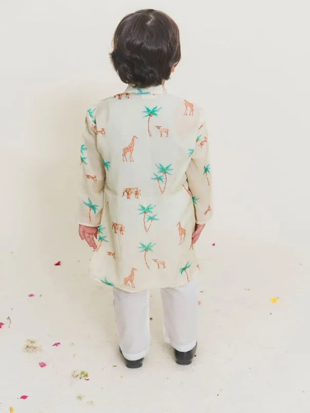 Boys Pale Yellow Printed Muslin Cotton Kurta Pajama Set (Set of 2)
