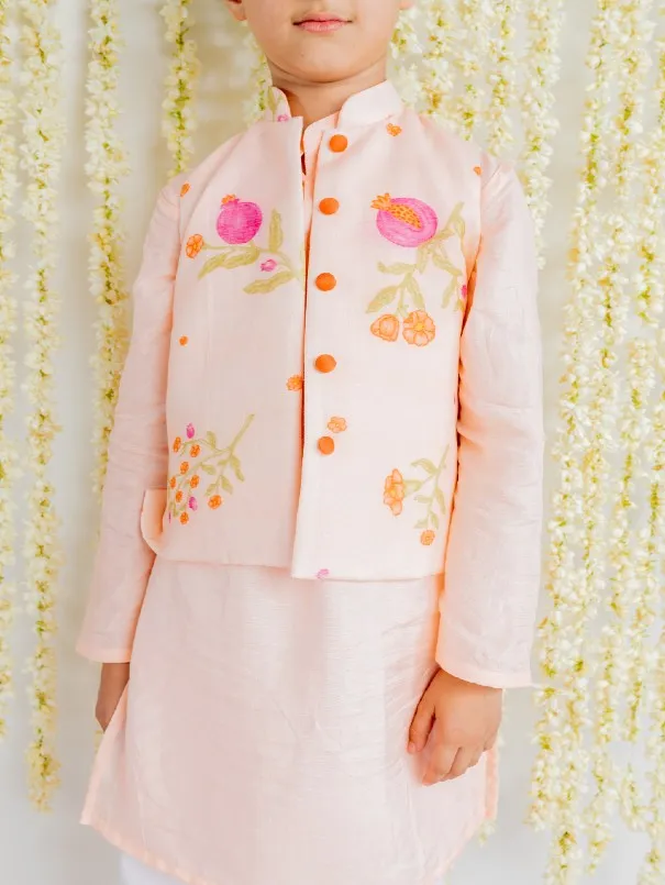 Boys Peach Anar Motif Cotton Kurta Jacket Pajama Set (Set of 3)