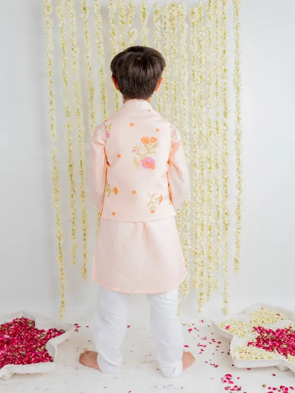 Boys Peach Anar Motif Cotton Kurta Jacket Pajama Set (Set of 3)