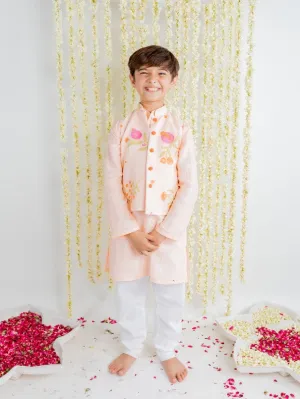 Boys Peach Anar Motif Cotton Kurta Jacket Pajama Set (Set of 3)