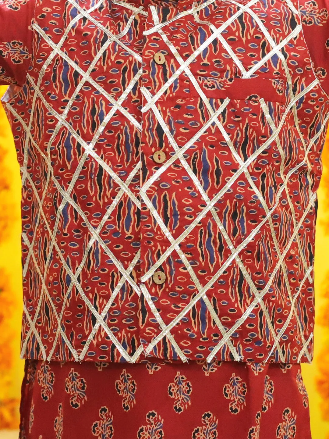 Boys Pure Cotton Printed Kurta Pajama With Jacket - Red