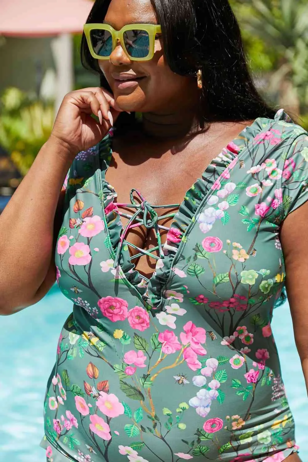 Bring Me Flowers V-Neck One Piece Womens Swimsuit In Sage