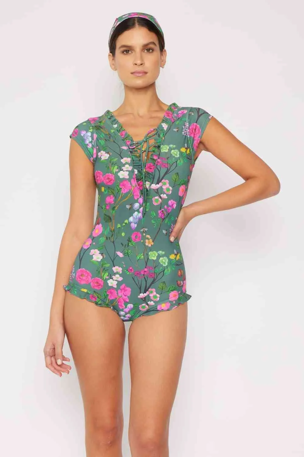 Bring Me Flowers V-Neck One Piece Womens Swimsuit In Sage