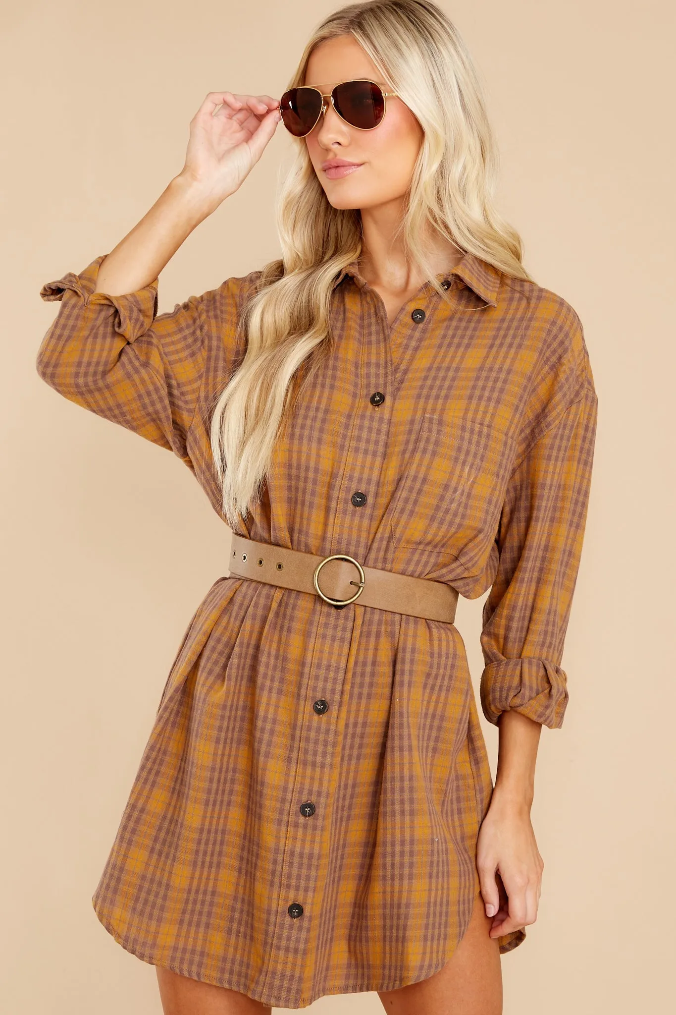 Change The Way Golden Brown Plaid Dress