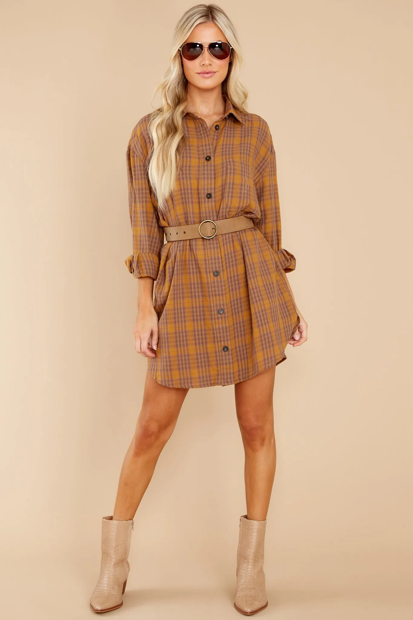 Change The Way Golden Brown Plaid Dress