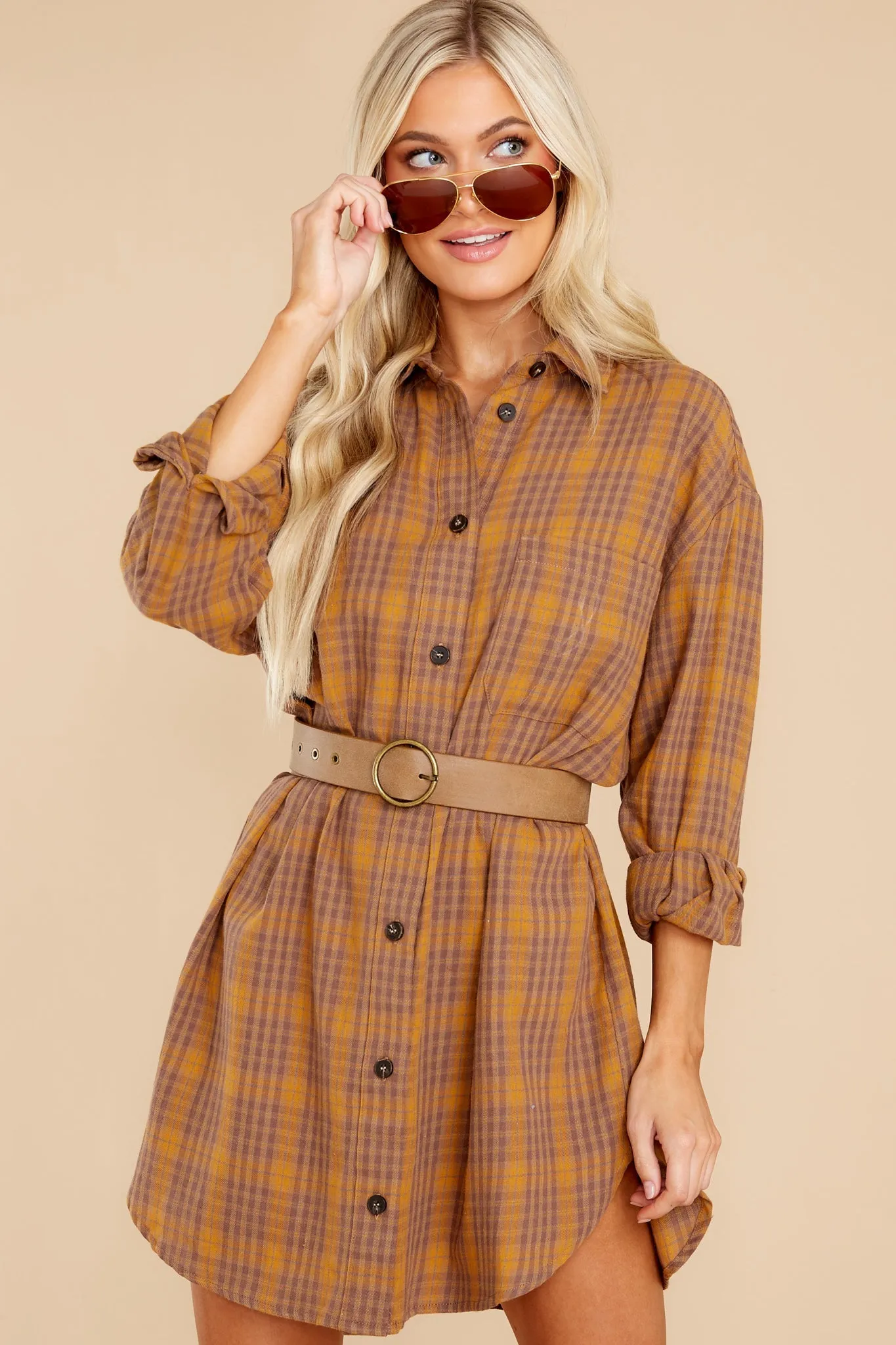 Change The Way Golden Brown Plaid Dress