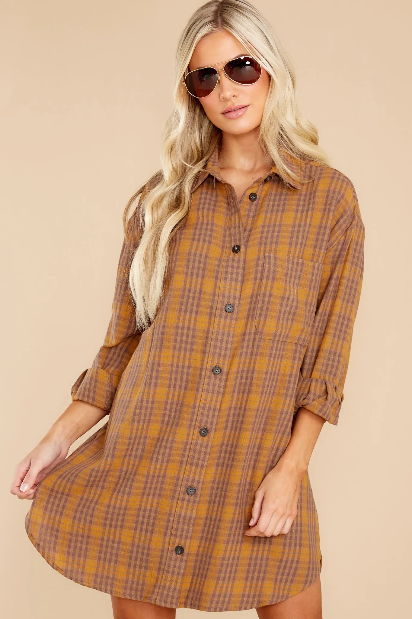 Change The Way Golden Brown Plaid Dress