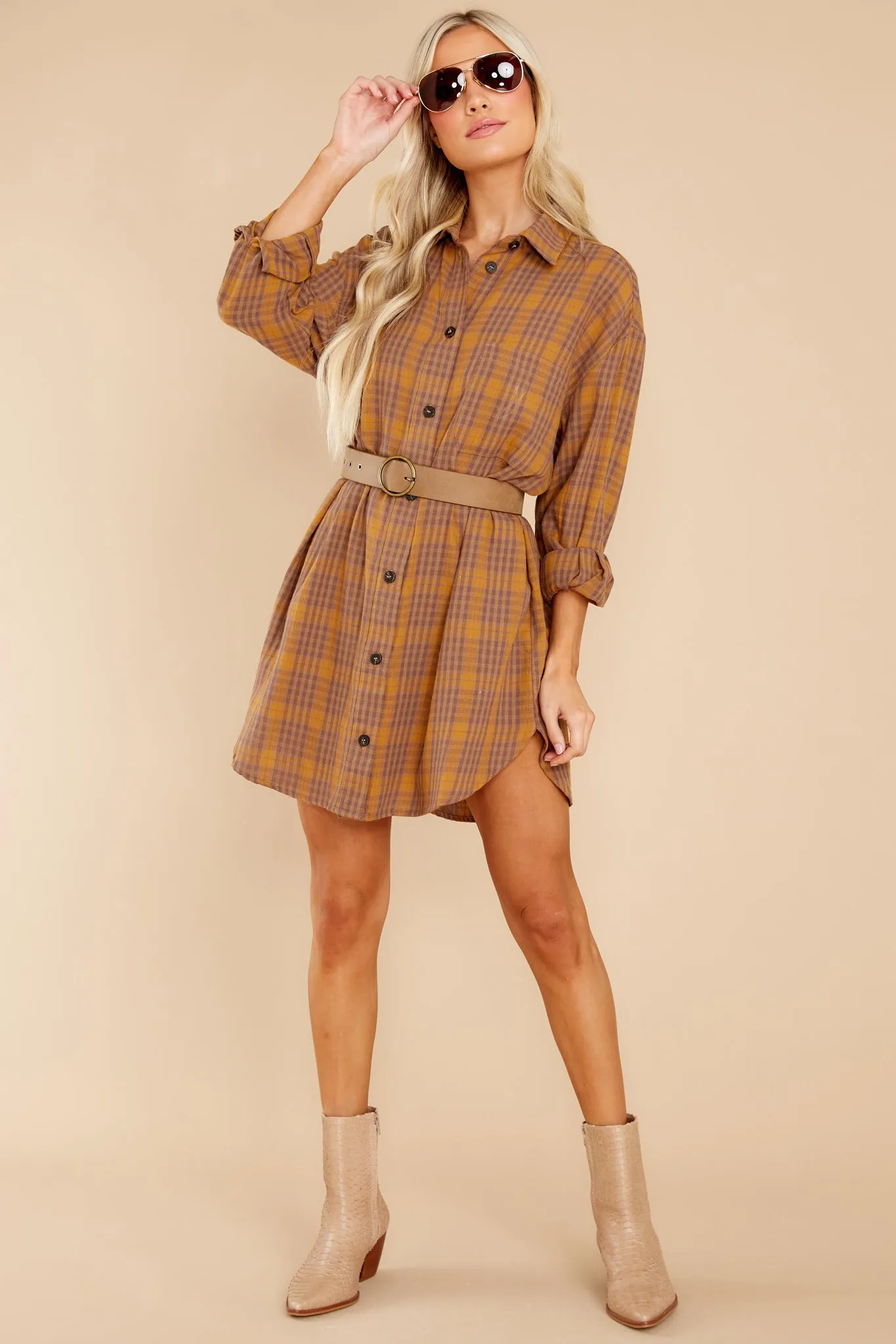 Change The Way Golden Brown Plaid Dress
