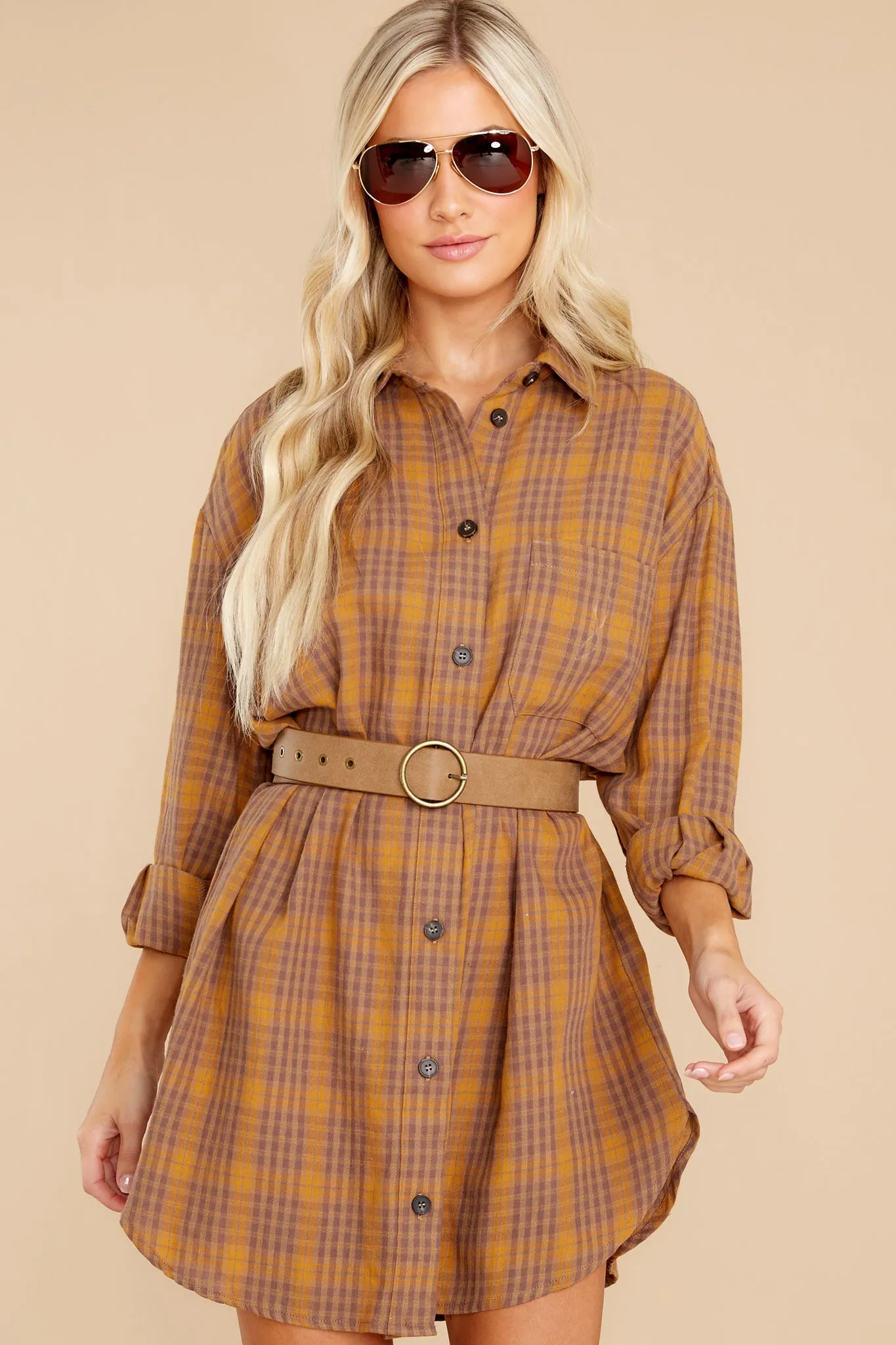Change The Way Golden Brown Plaid Dress