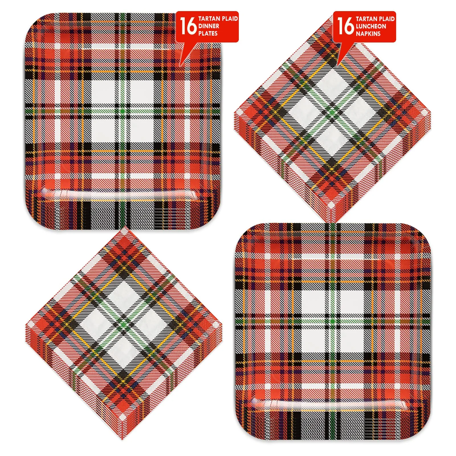 Christmas Party Supplies Tartan Plaid Paper Dinner Plates and Lunch Napkins (Serves 16)
