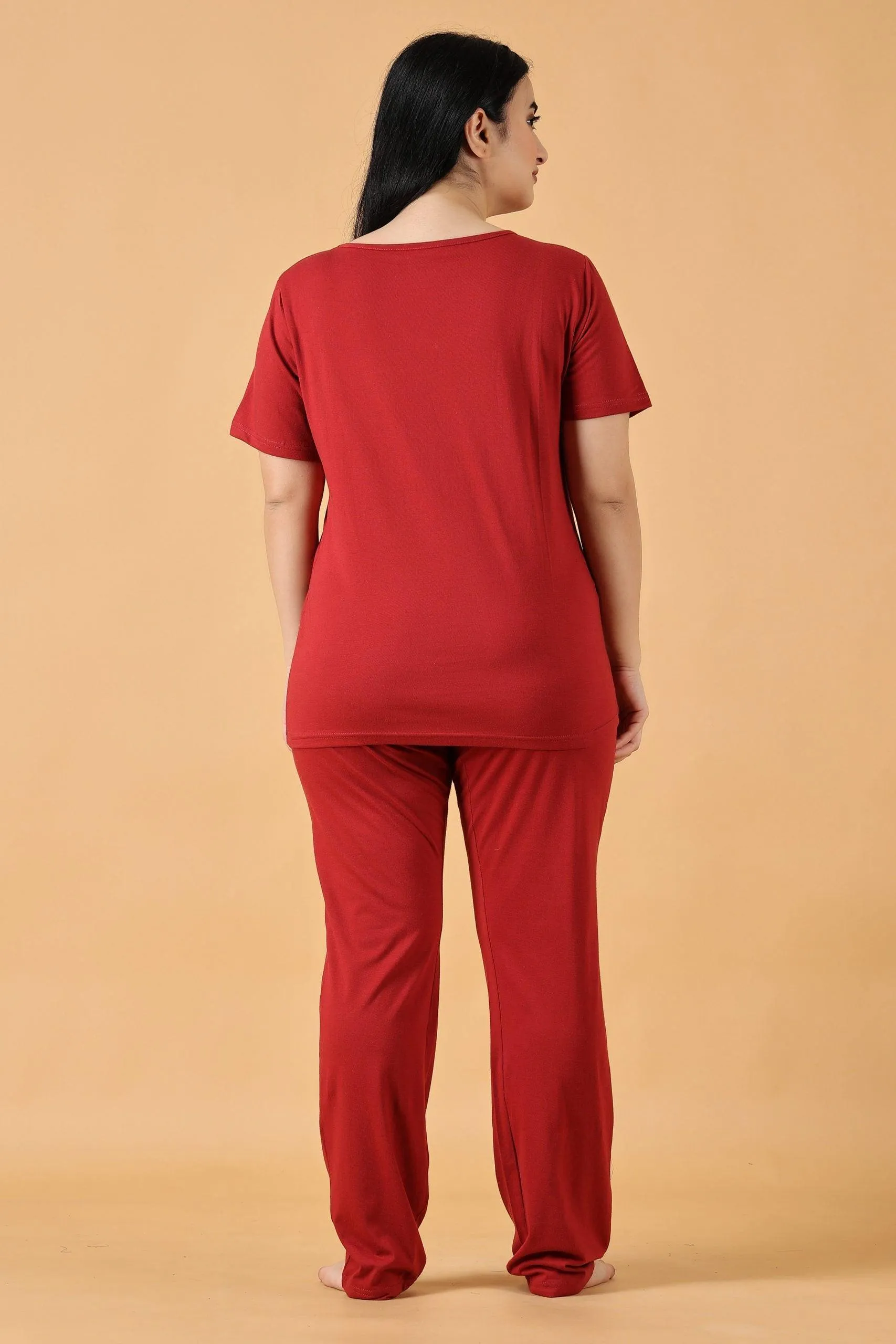 Cotton Solid Pyjama Night Suit Set -Dark Red