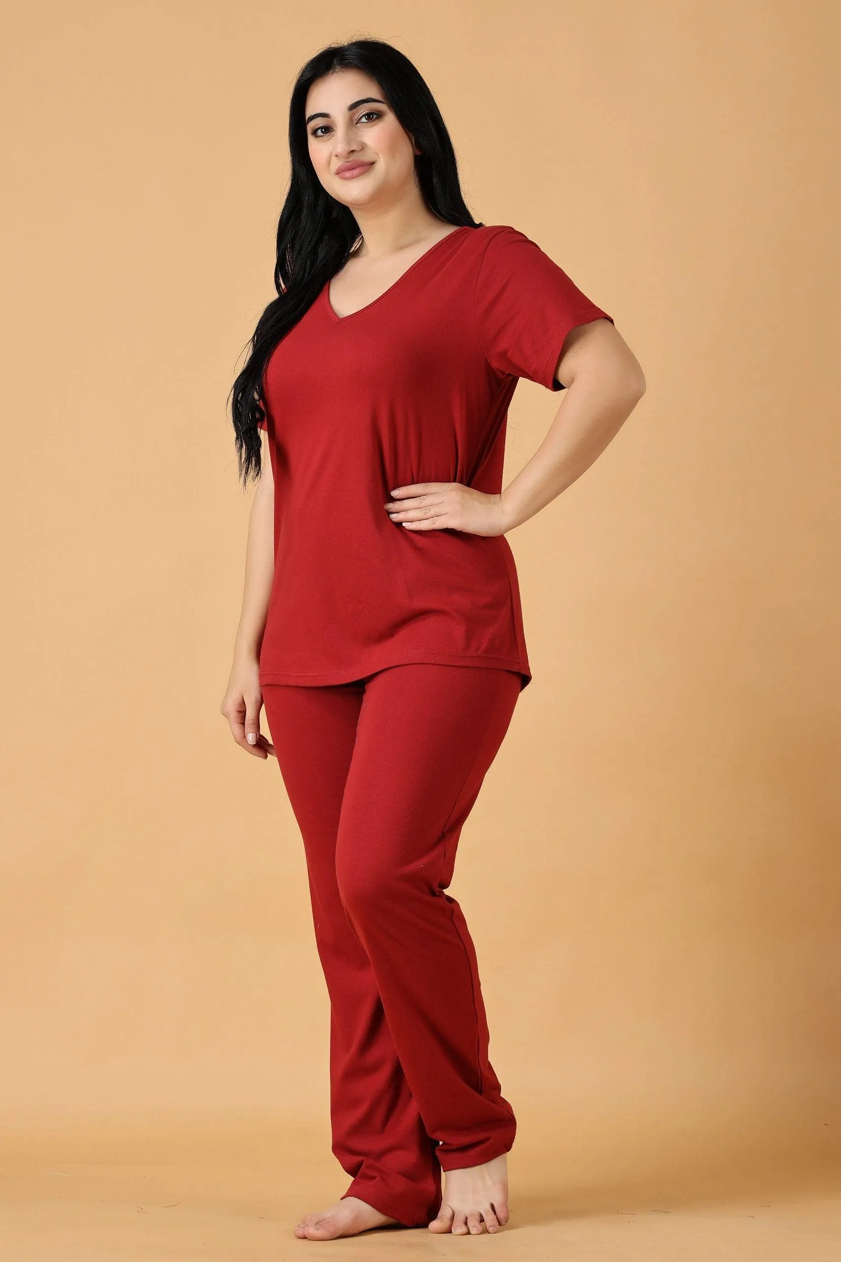 Cotton Solid Pyjama Night Suit Set -Dark Red
