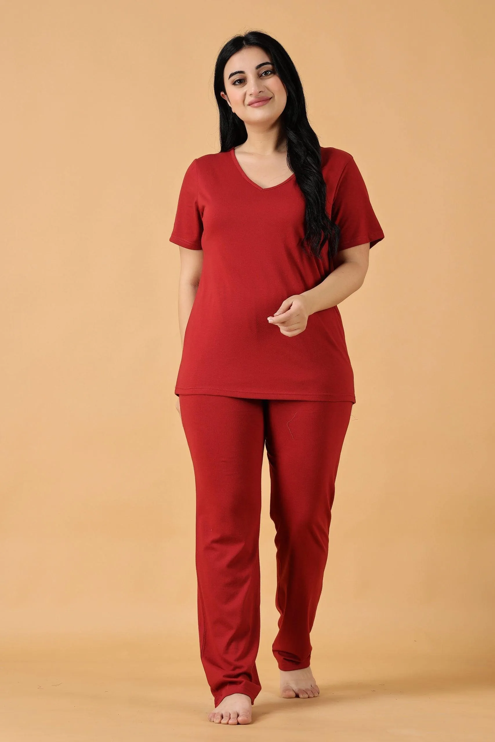 Cotton Solid Pyjama Night Suit Set -Dark Red