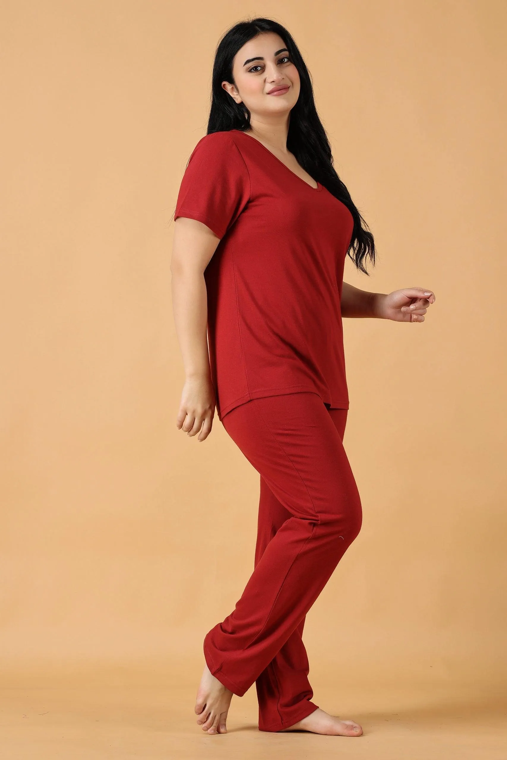 Cotton Solid Pyjama Night Suit Set -Dark Red