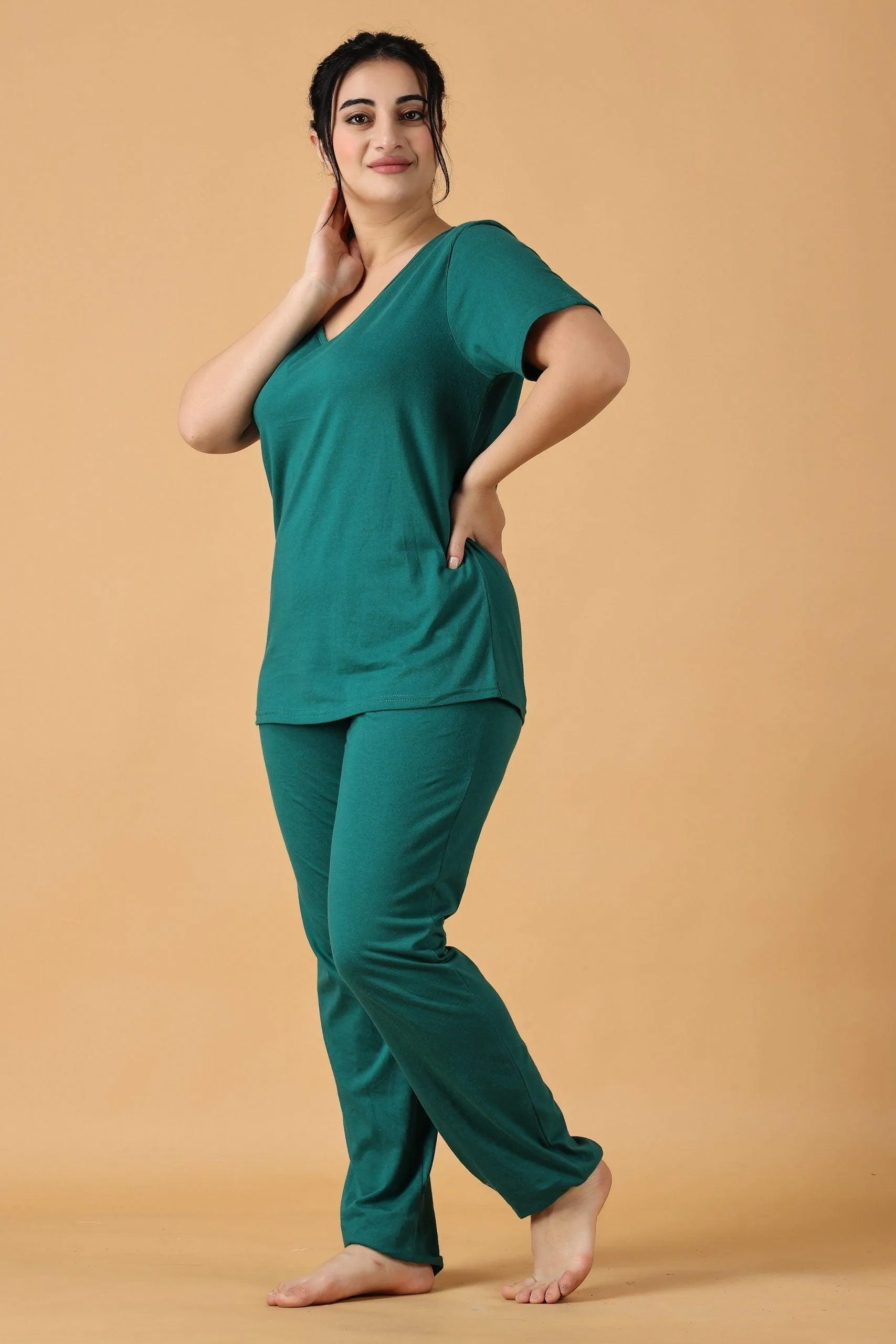 Cotton Solid Pyjama Night Suit Set -Green