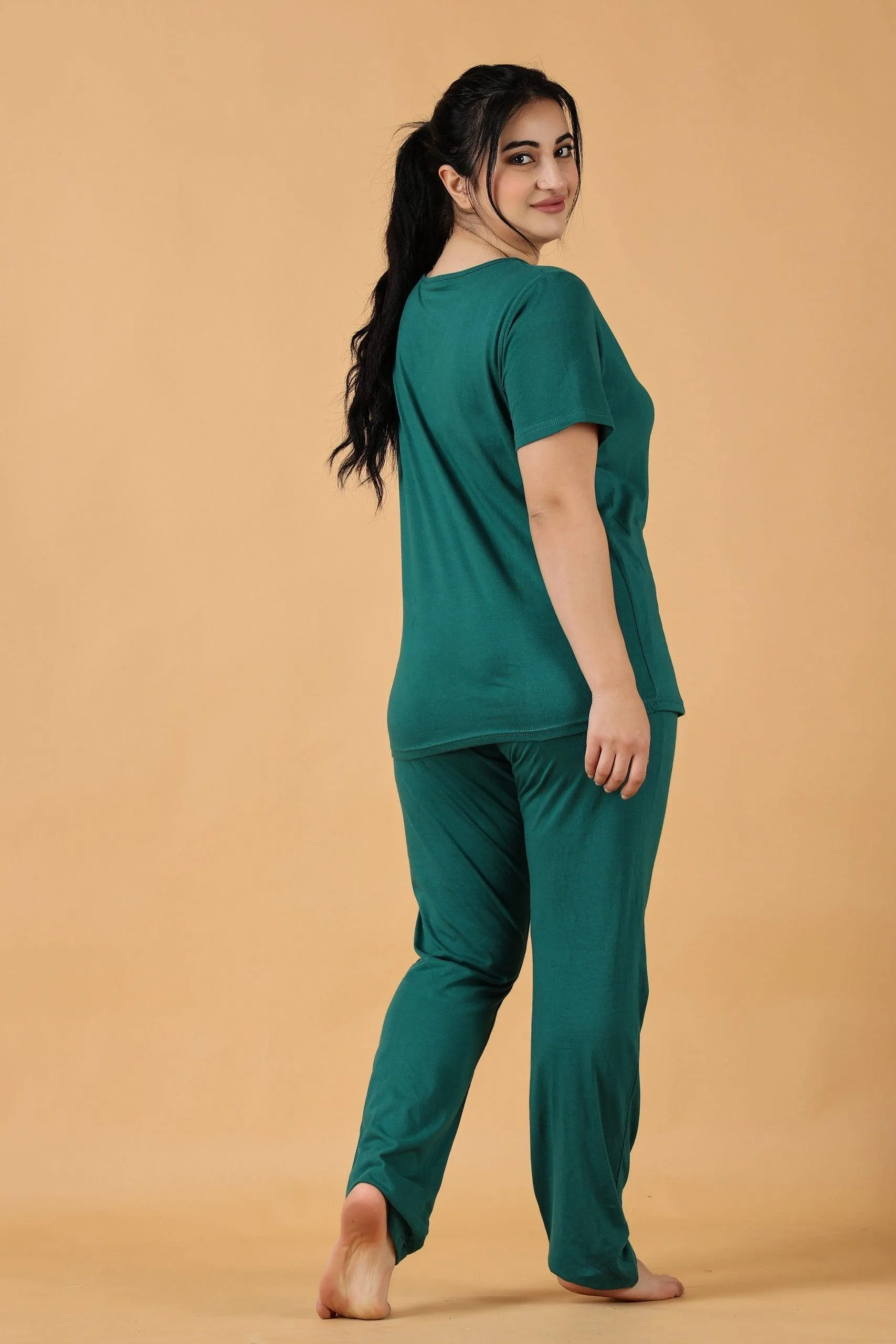 Cotton Solid Pyjama Night Suit Set -Green