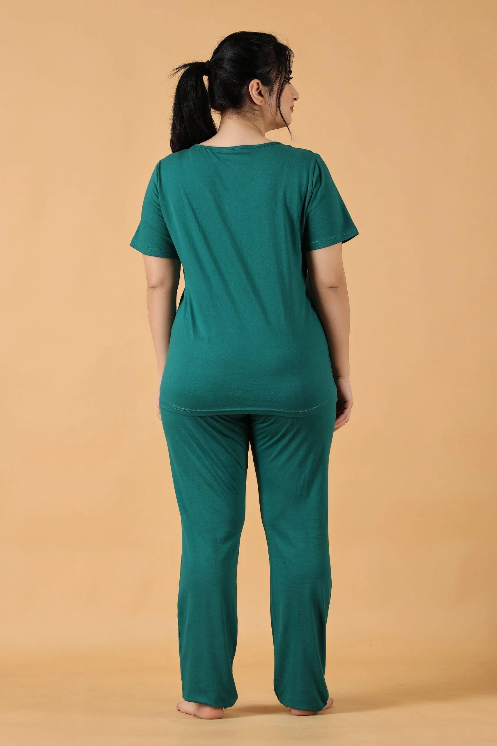Cotton Solid Pyjama Night Suit Set -Green