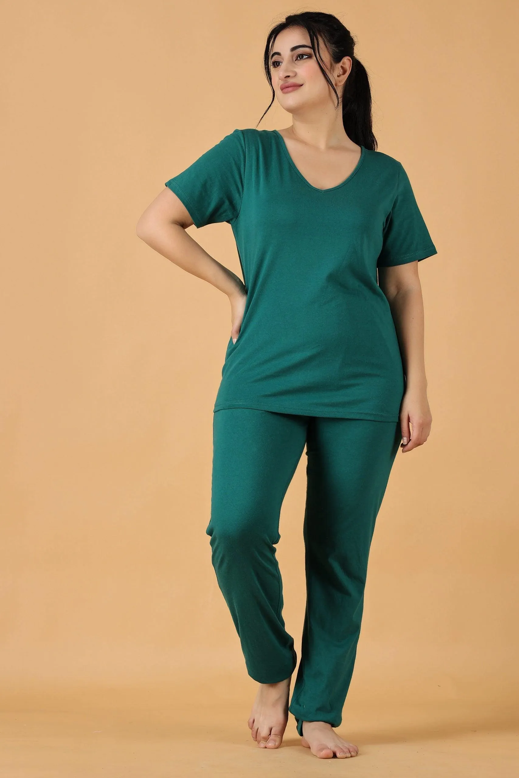 Cotton Solid Pyjama Night Suit Set -Green