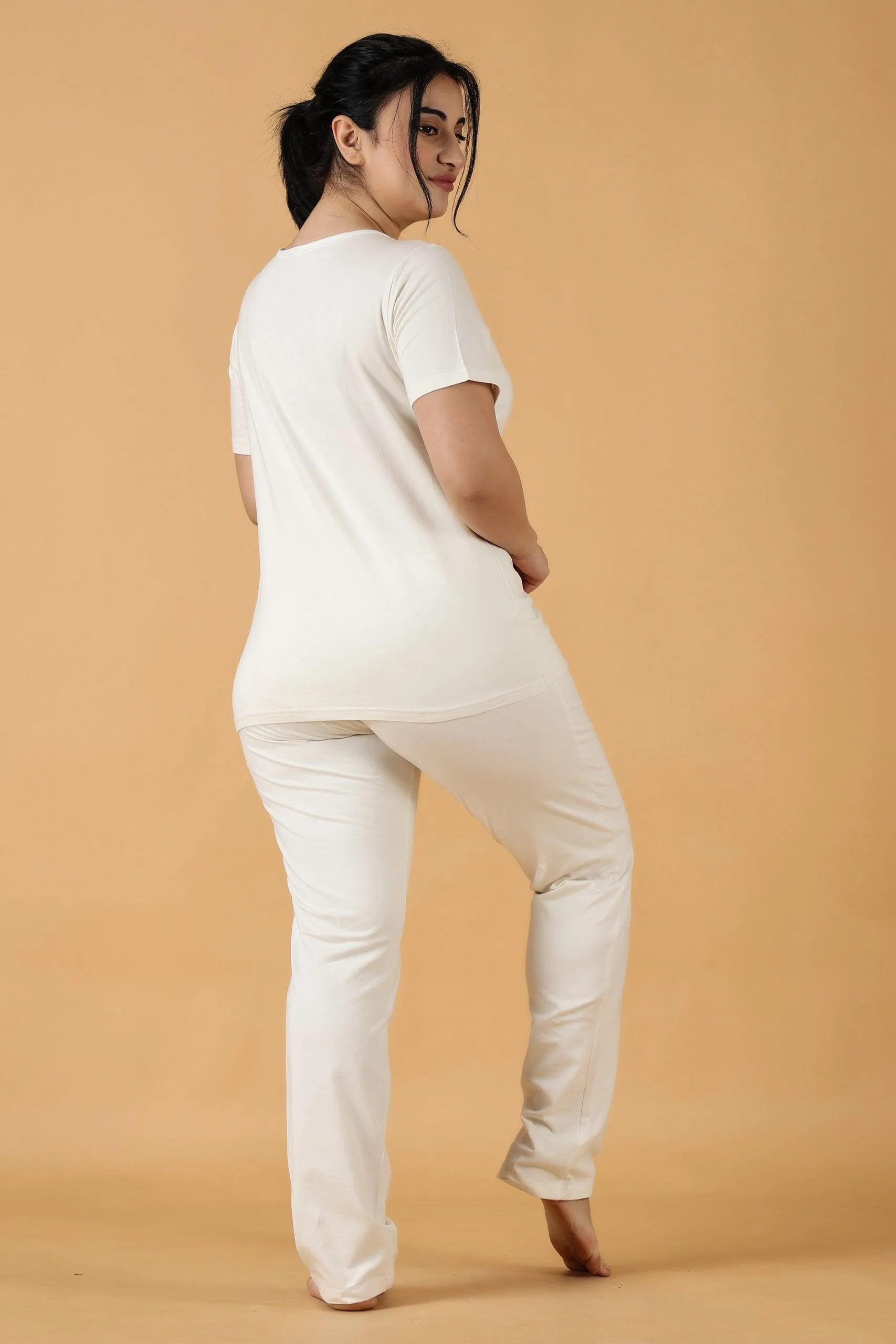 Cotton Solid Pyjama Night Suit Set -White