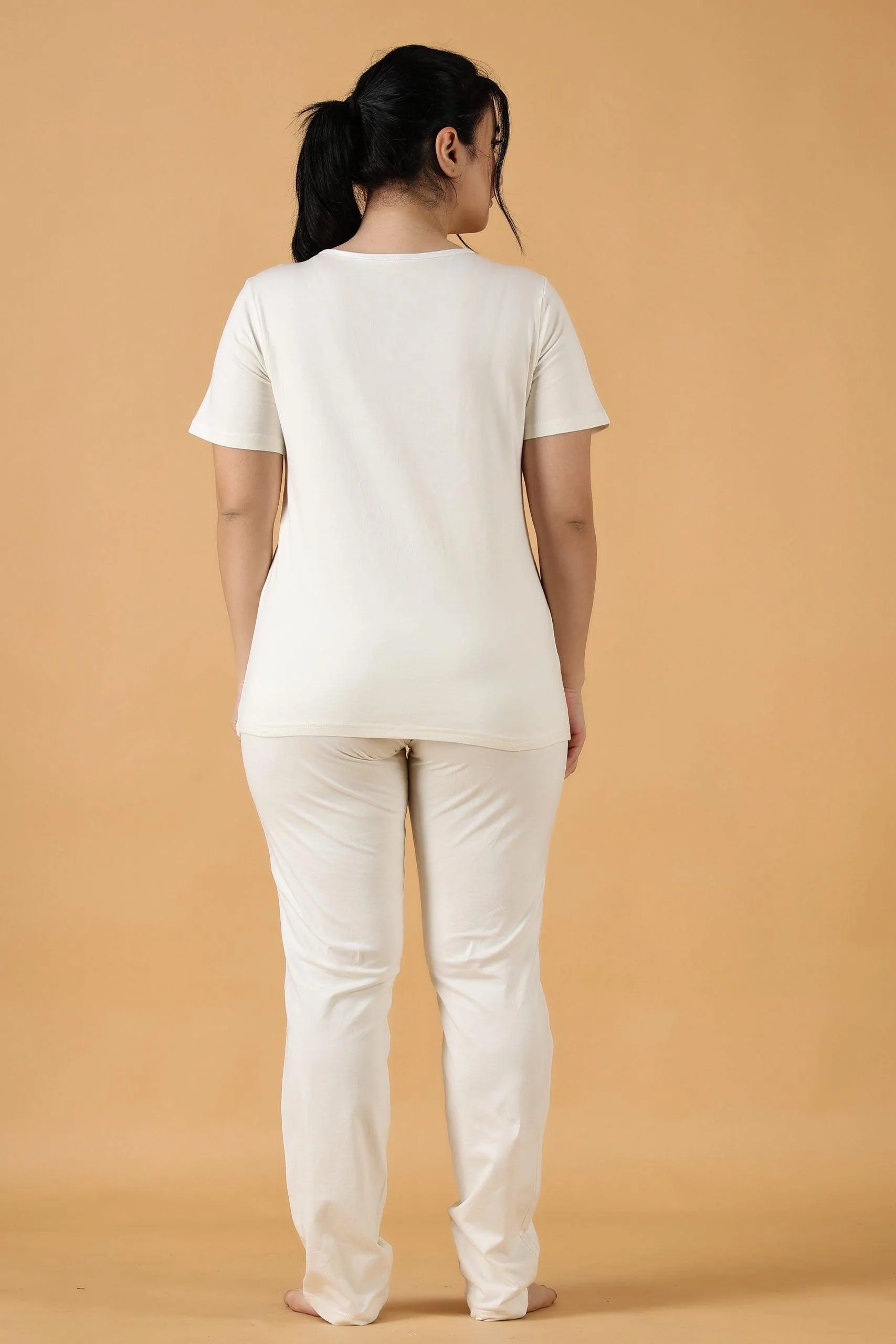 Cotton Solid Pyjama Night Suit Set -White