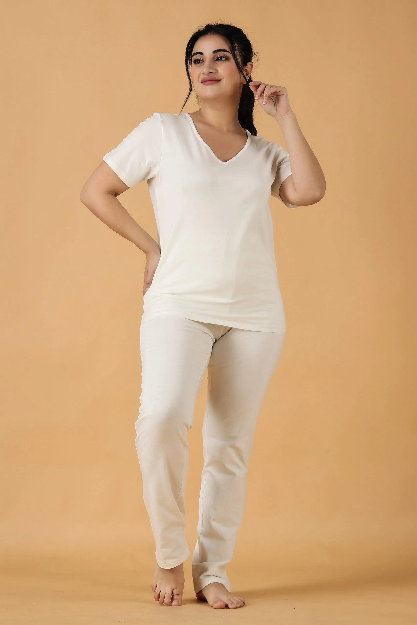 Cotton Solid Pyjama Night Suit Set -White