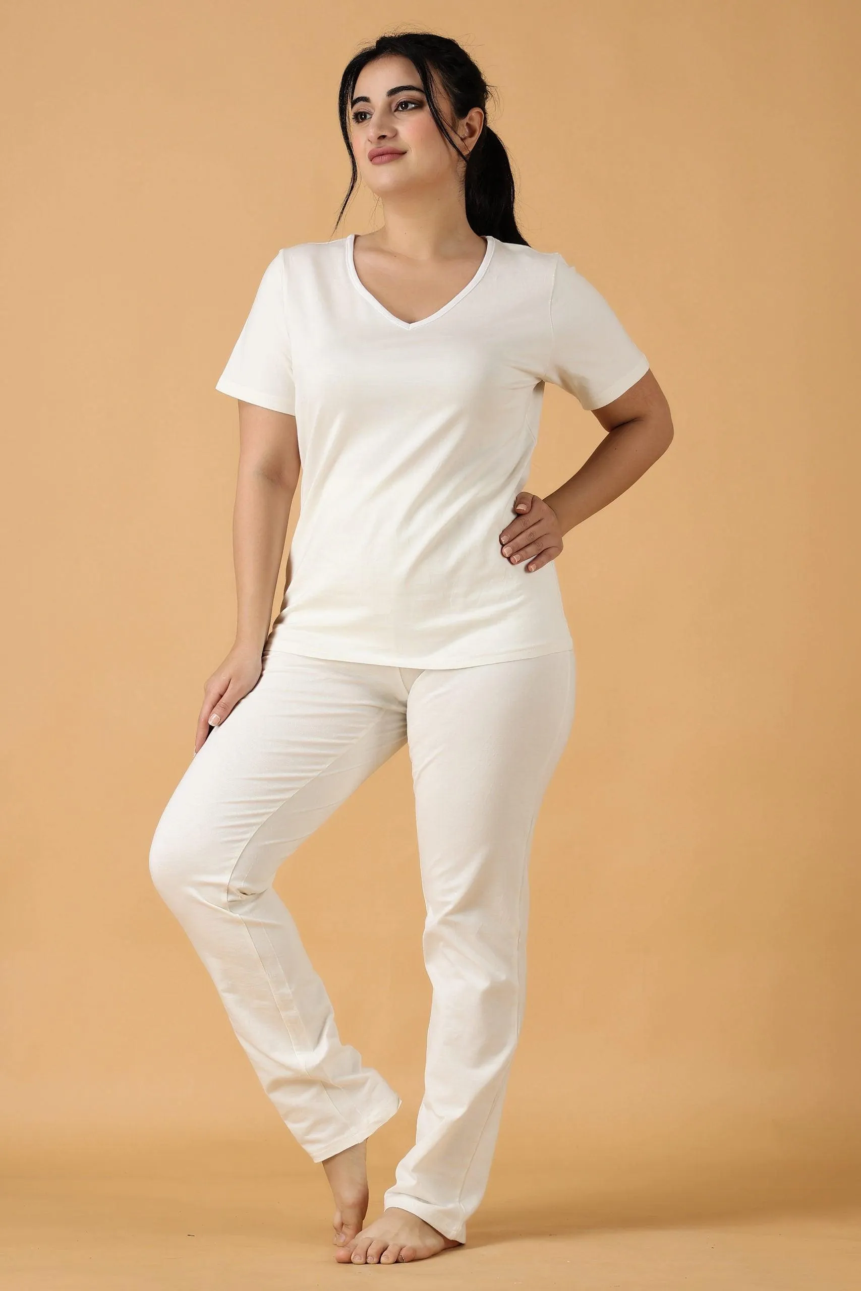 Cotton Solid Pyjama Night Suit Set -White