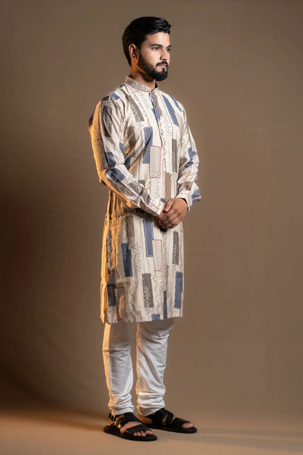 CREME BLOCKS PRINTED KURTA PAJAMA