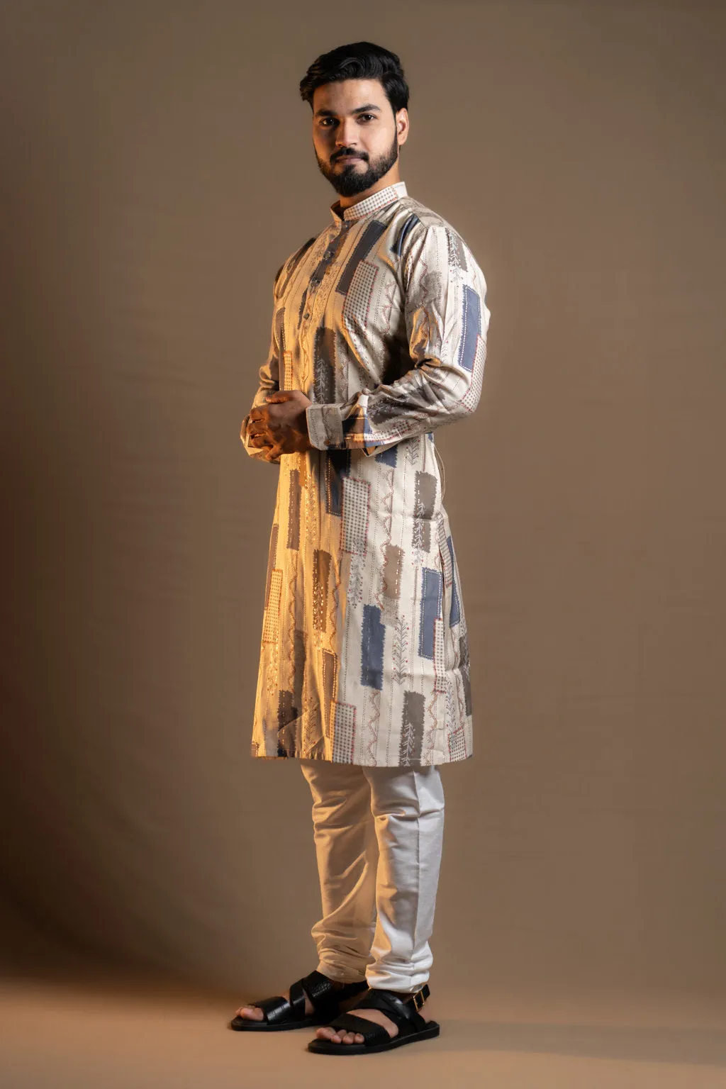 CREME BLOCKS PRINTED KURTA PAJAMA