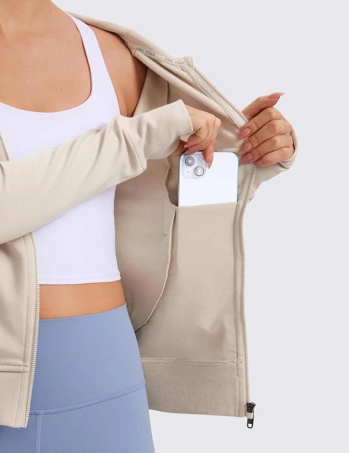 CRZ YOGA Womens Fleece Full Zip Hoodie Jackets Workout Hooded Zipper Basic Casual Sweatshirts with Thumb Holes