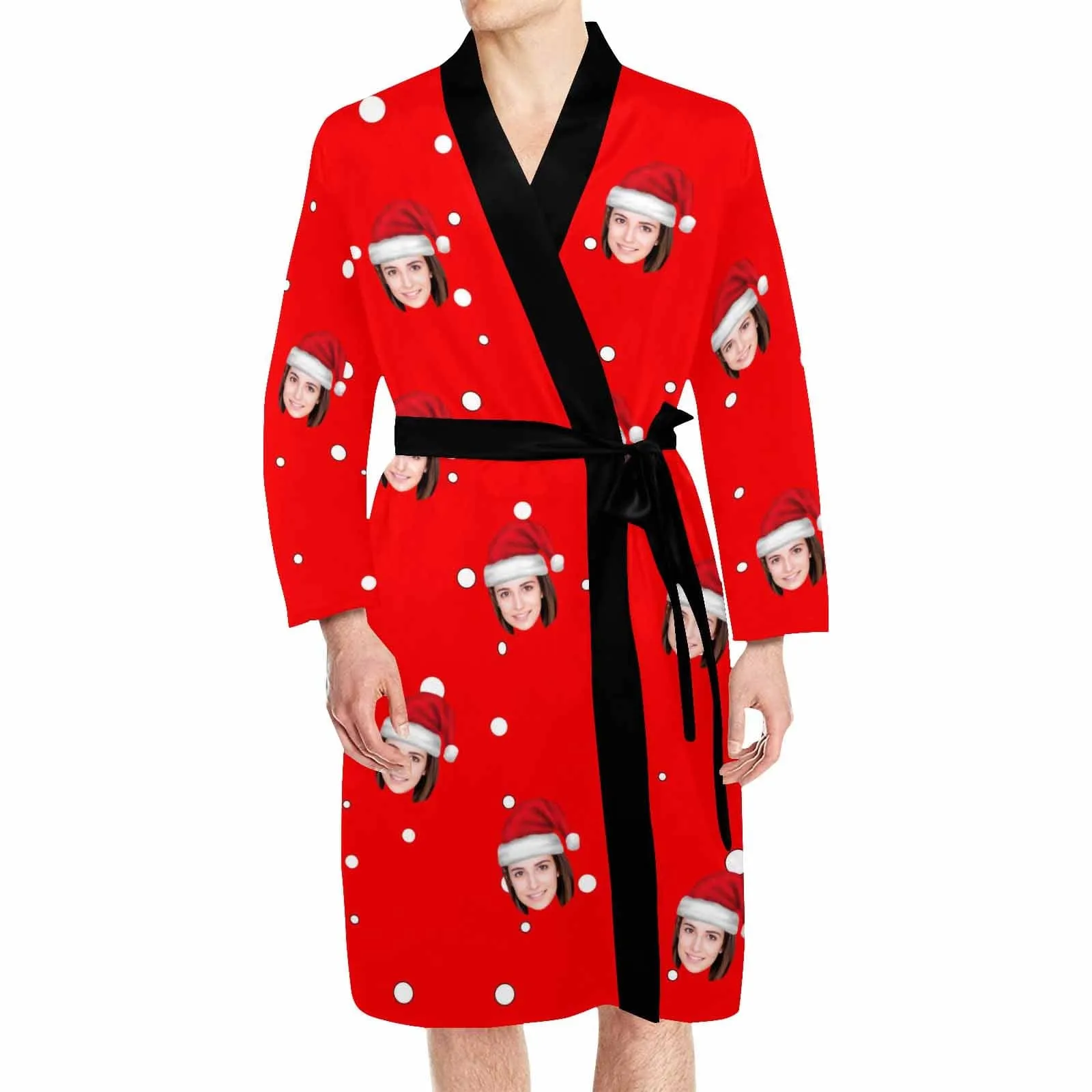Custom Face Long Sleeve Belted Night Robe for Women Men Red Personalized Pajama Kimono Robe