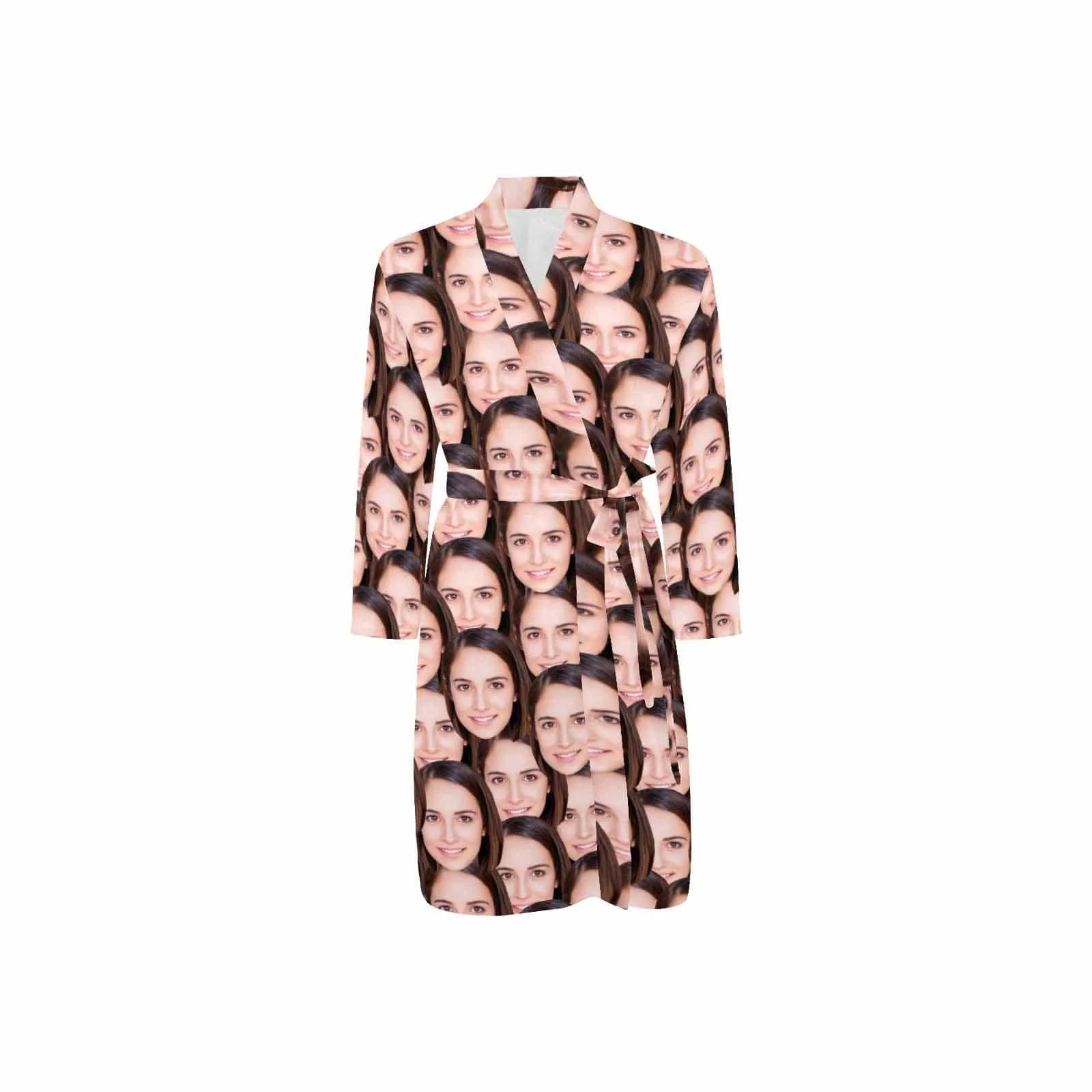 Custom Face Long Sleeve Belted Night Robe for Women Men Seamless Face Personalized Pajama Kimono Robe