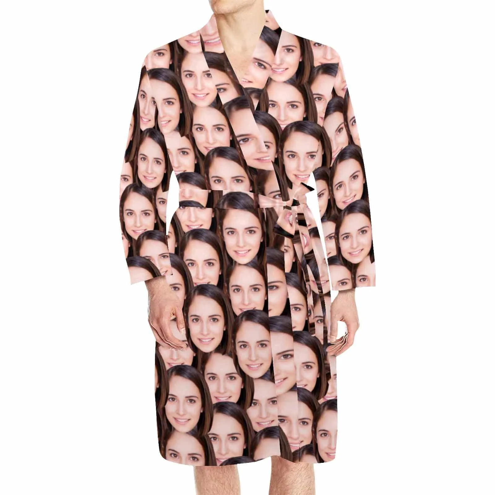 Custom Face Long Sleeve Belted Night Robe for Women Men Seamless Face Personalized Pajama Kimono Robe