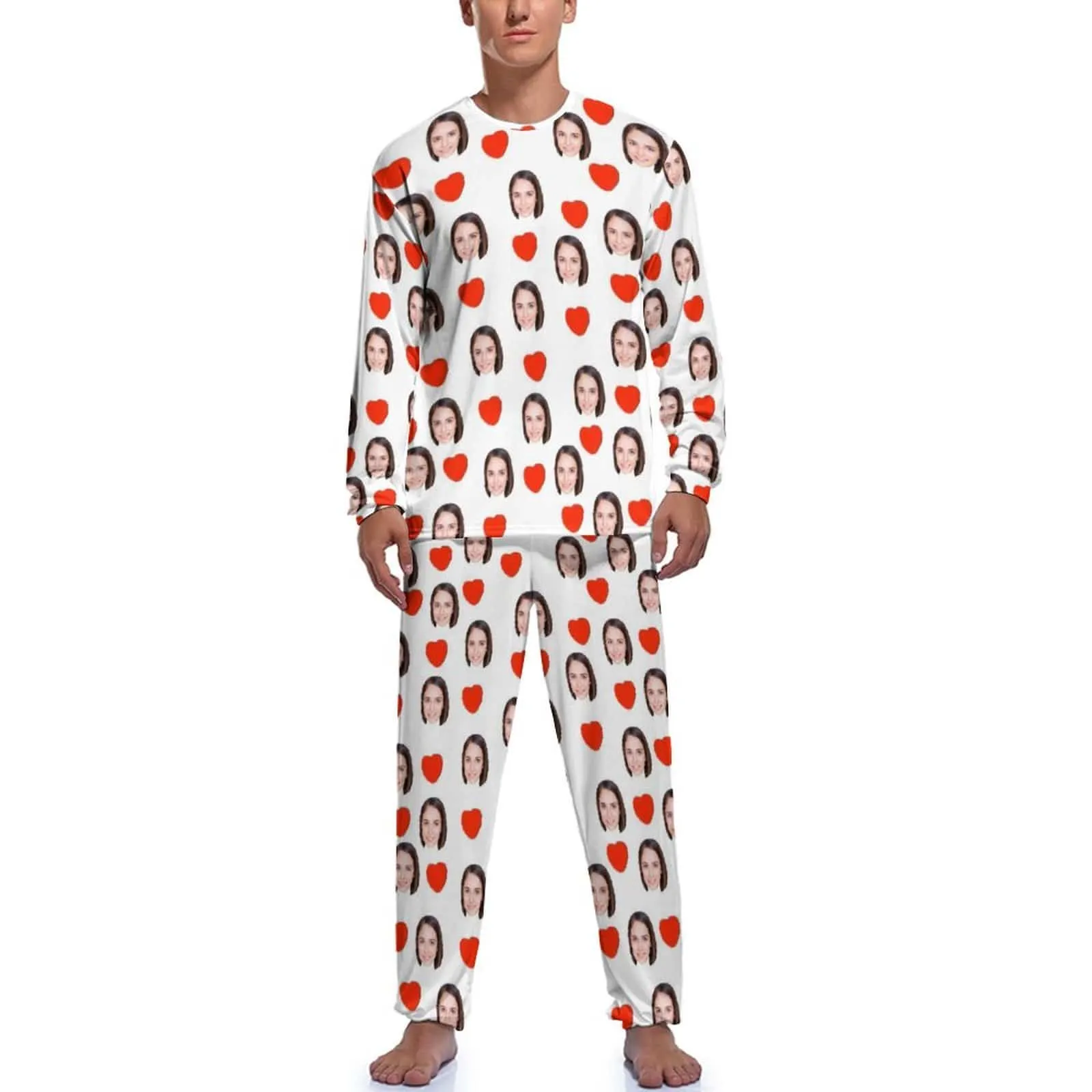 Custom Face Love Heart Girlfriend White Men's Pajamas Personalized Funny Nightwear Long Sleeve for Him