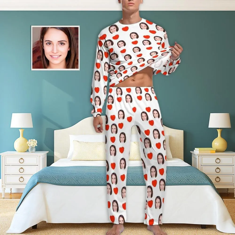 Custom Face Love Heart Girlfriend White Men's Pajamas Personalized Funny Nightwear Long Sleeve for Him
