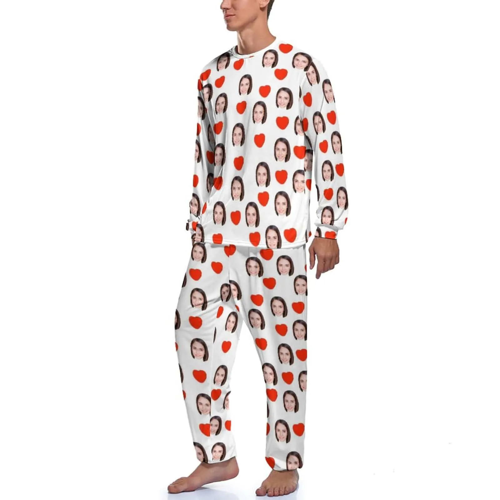 Custom Face Love Heart Girlfriend White Men's Pajamas Personalized Funny Nightwear Long Sleeve for Him