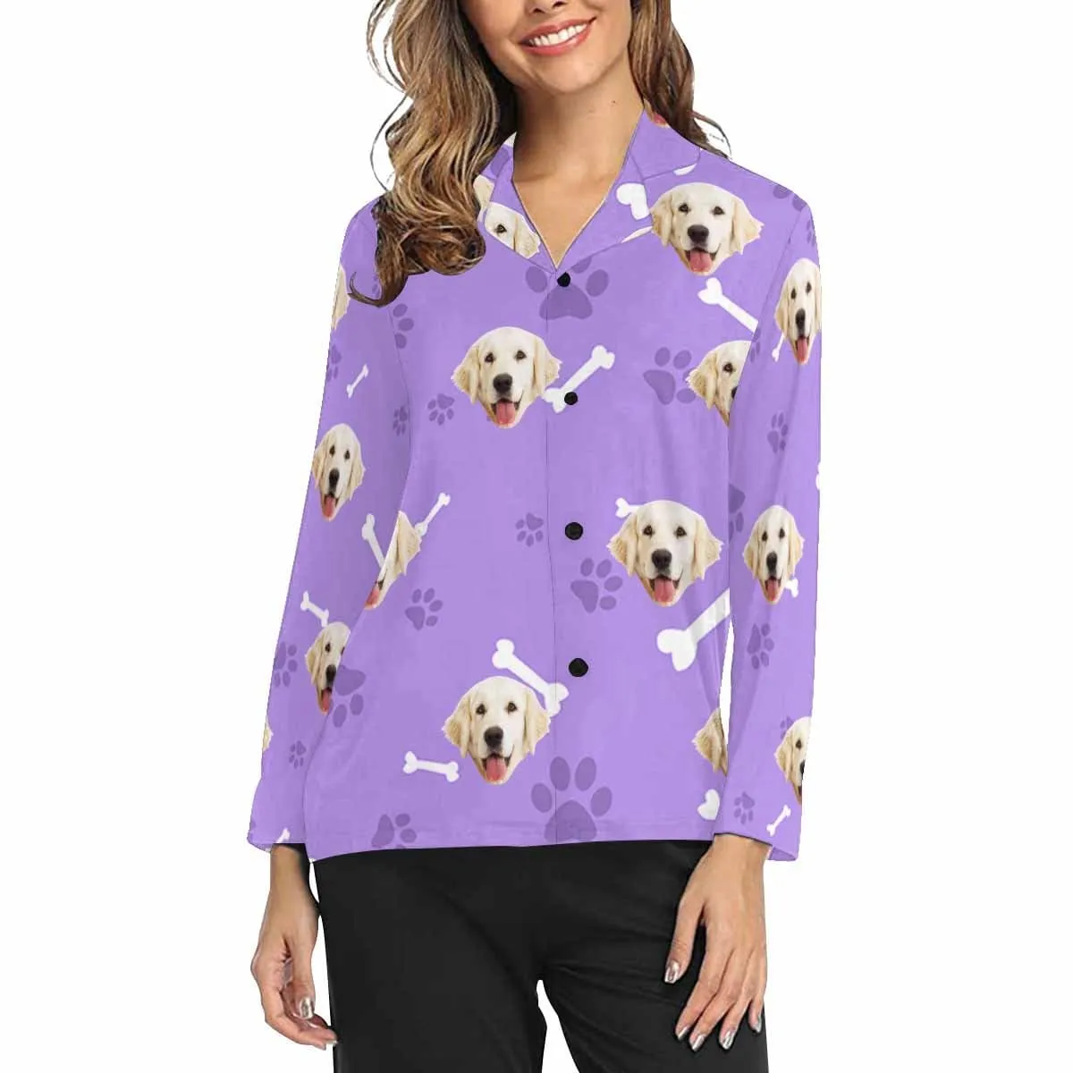 Custom Photo My Pet Dog Sleepwear Personalized Women's Slumber Party Long Pajama Shirt&Pants