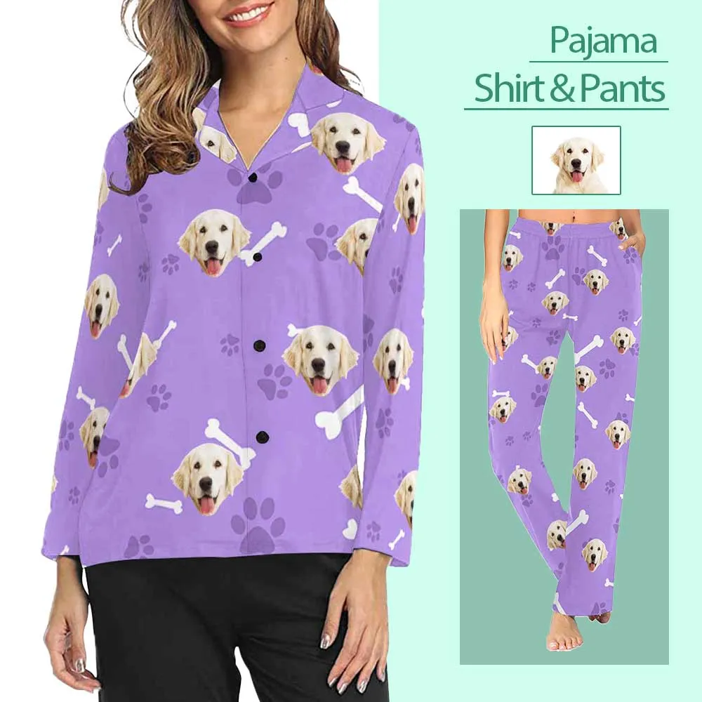 Custom Photo My Pet Dog Sleepwear Personalized Women's Slumber Party Long Pajama Shirt&Pants
