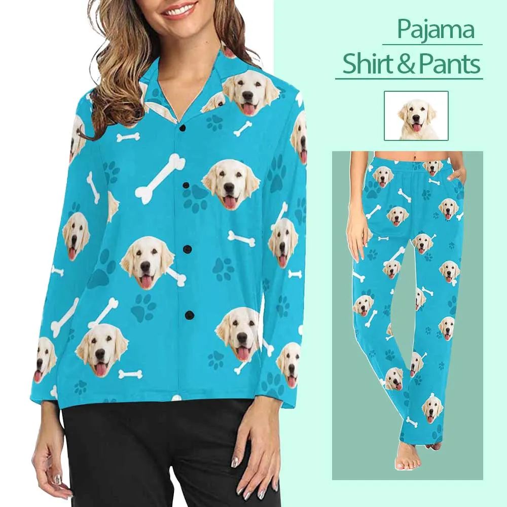 Custom Photo My Pet Dog Sleepwear Personalized Women's Slumber Party Long Pajama Shirt&Pants