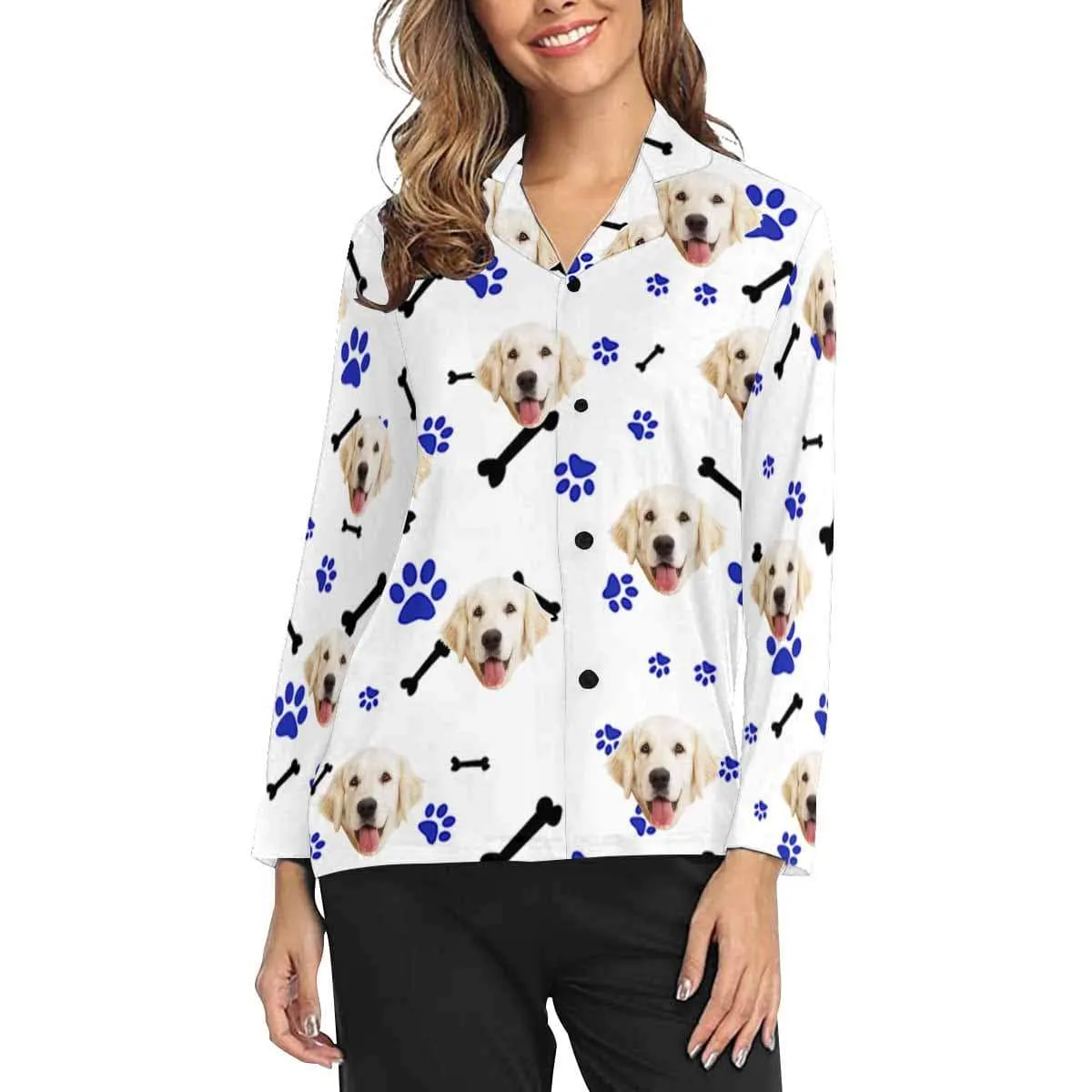 Custom Photo My Pet Dog Sleepwear Personalized Women's Slumber Party Long Pajama Shirt&Pants