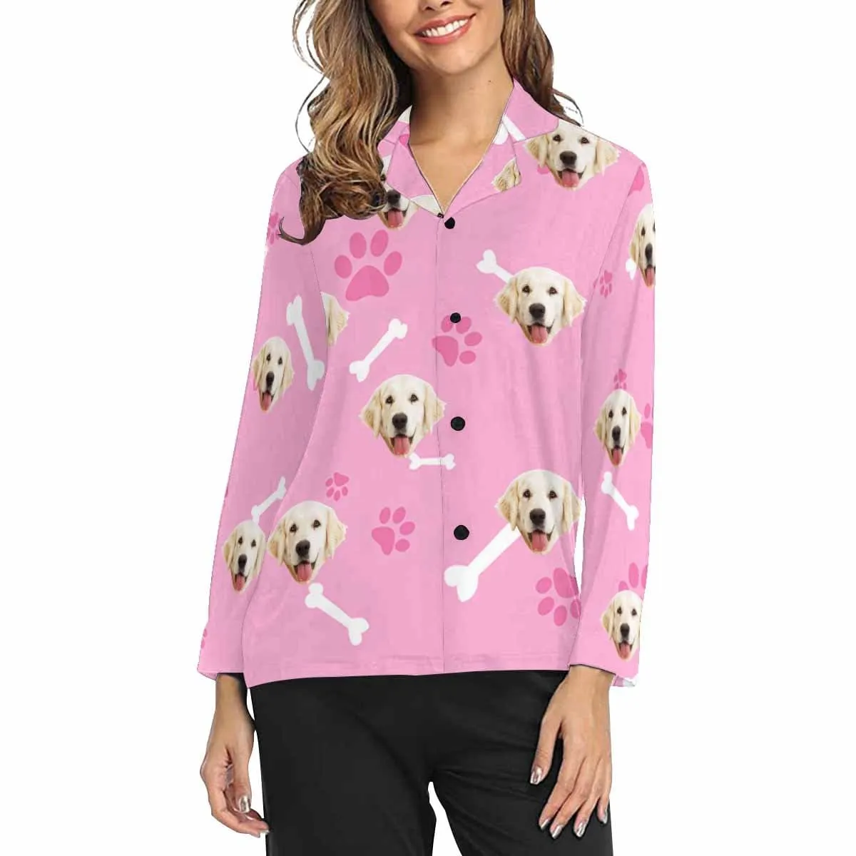 Custom Photo My Pet Dog Sleepwear Personalized Women's Slumber Party Long Pajama Shirt&Pants